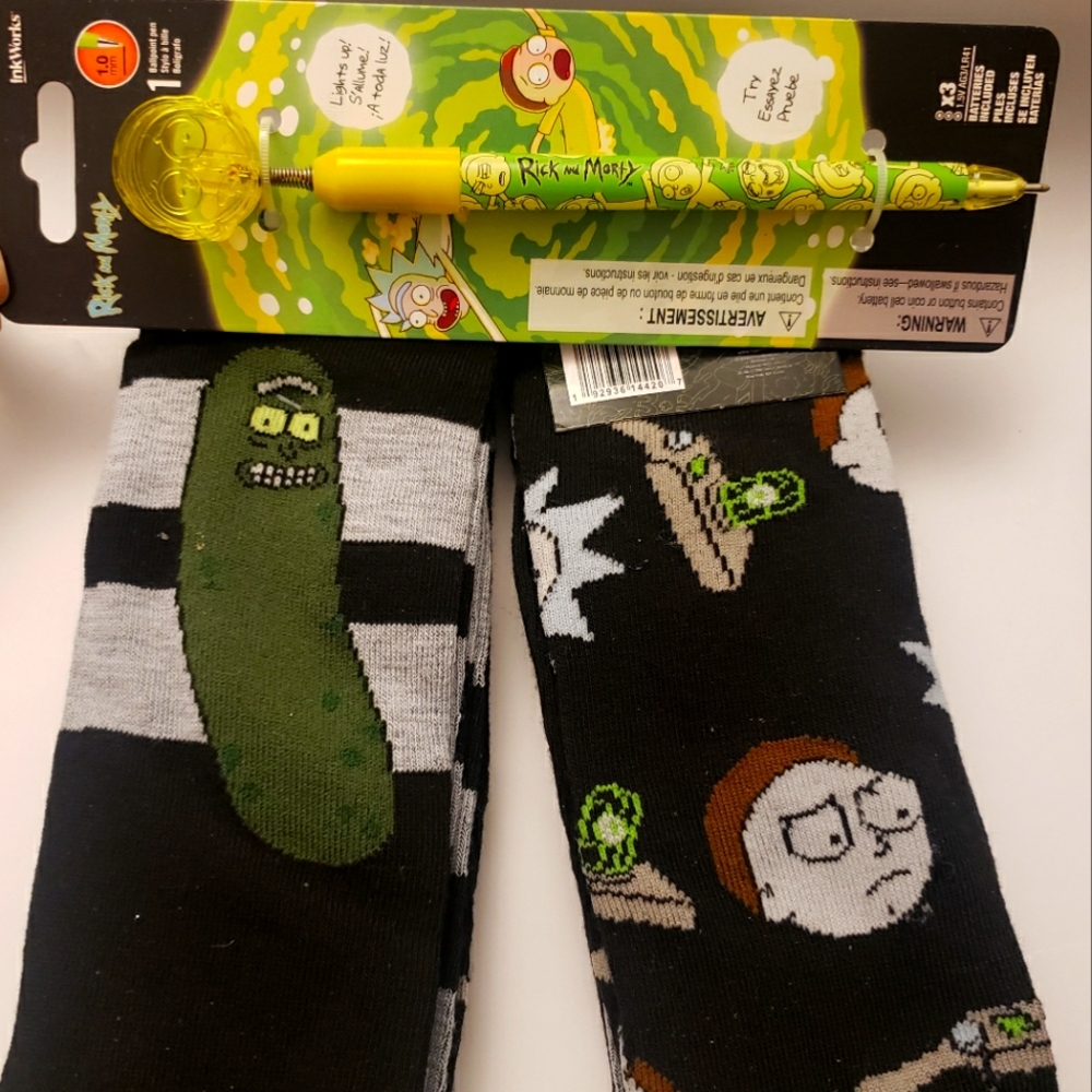 Adult Swim Rick & Morty Socks and Light up Pen Gift Set 1 pack of 2 pairs